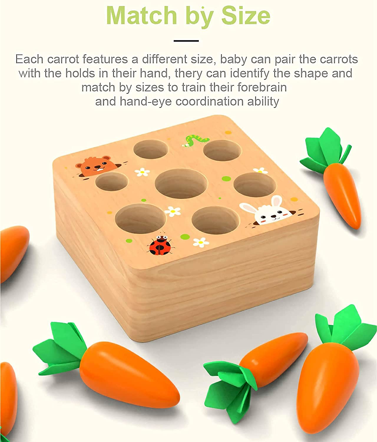 RECHIATO Montessori Toys for 1 Year Old, Carrot Shape Size Sorting Game, Wooden Easter Baby Toys for Babies 6-12 Months Fine Motor Skills Development Age 1-5, Easter Party Favors for Kids