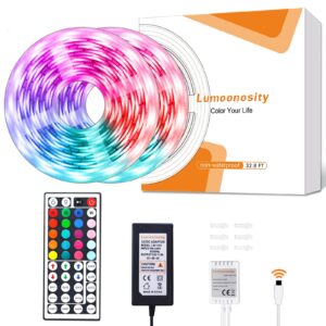 lumoonosity led light strips waterproof, 32.8ft led strip lights with remote control, color changing light strip for bedroom decoration, rgb led strip with 44 key controller (2 rolls of 16.4ft)