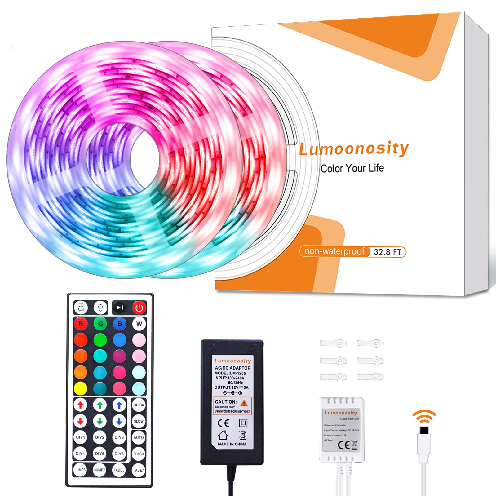 Lumoonosity Led Light Strips Waterproof, 32.8ft Led Strip Lights with Remote Control, Color Changing Light Strip for Bedroom Decoration, RGB Led Strip with 44 Key Controller (2 Rolls of 16.4ft)