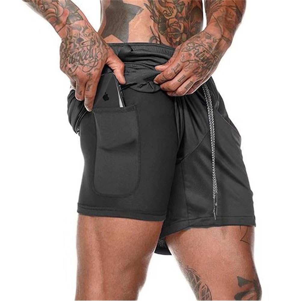 CYF Men’s 2 in 1 Running Shorts with Pockets Quick Dry Breathable Active Gym Workout Shorts (L) Black