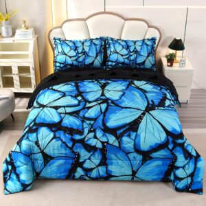 wowelife butterfly bedding set for girls full size, premium 5 piece 3d butterfly bed set blue, comfortable and breathable for kids