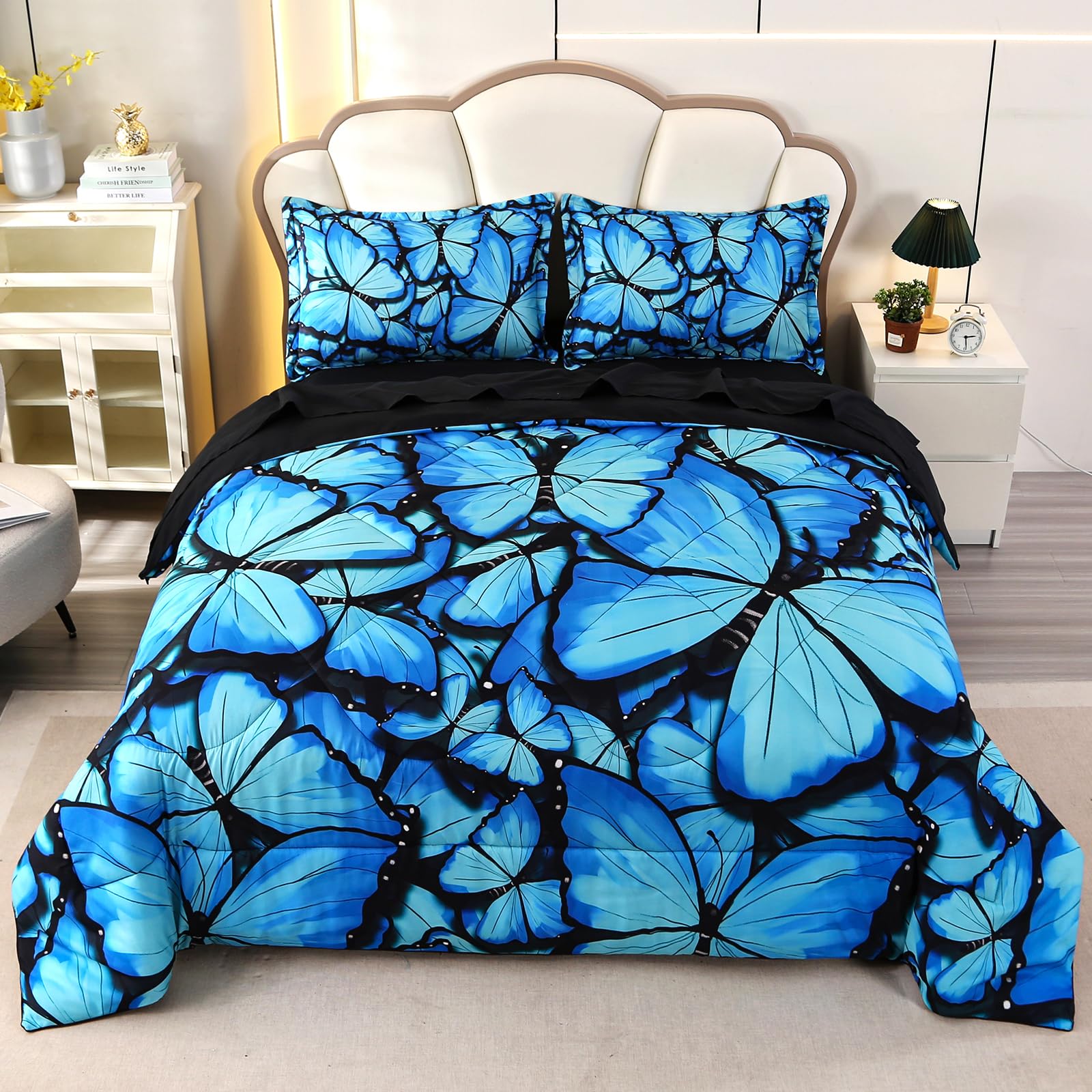 Wowelife Butterfly Bedding Set for Girls Full Size, Premium 5 Piece 3D Butterfly Bed Set Blue, Comfortable and Breathable for Kids