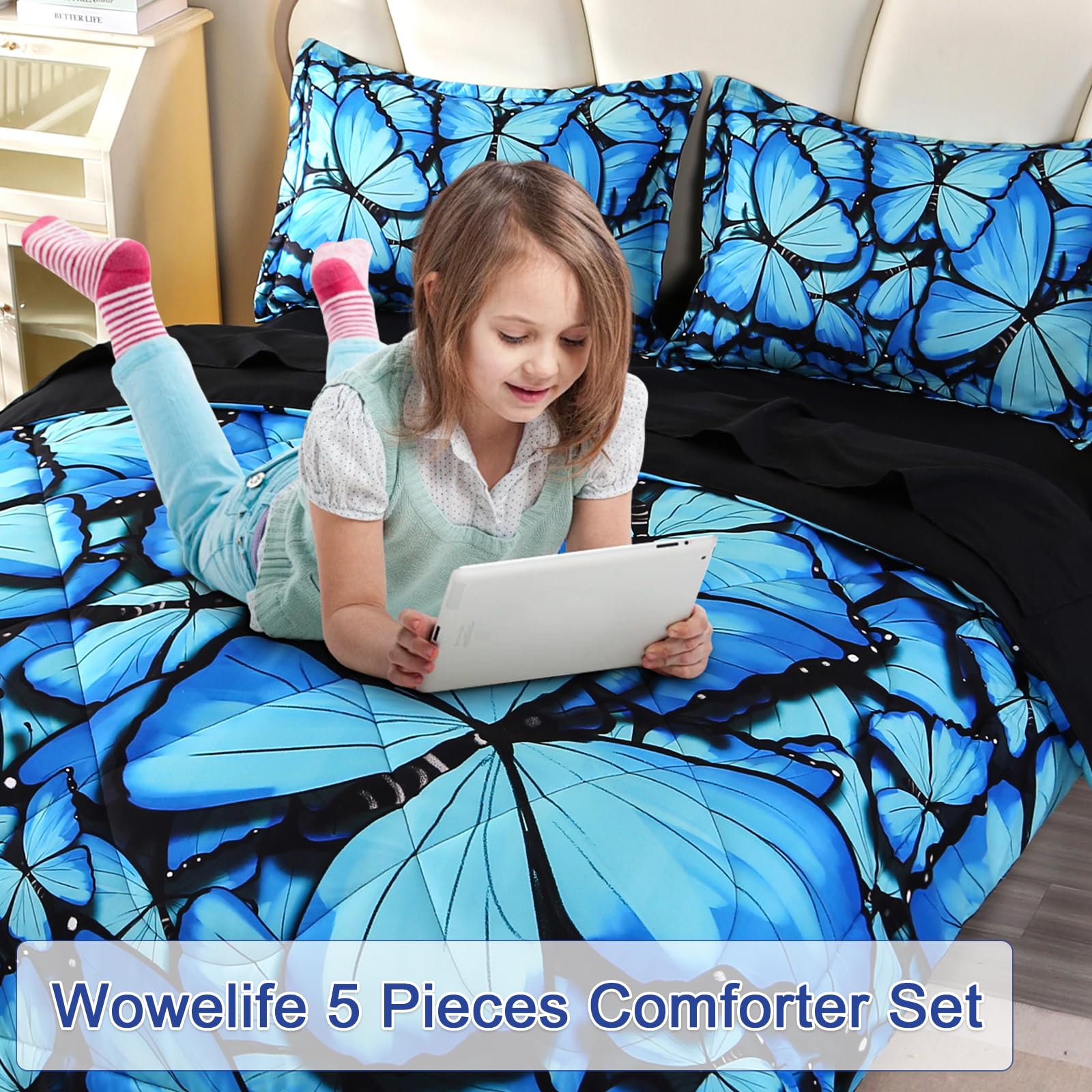 Wowelife Butterfly Bedding Set for Girls Full Size, Premium 5 Piece 3D Butterfly Bed Set Blue, Comfortable and Breathable for Kids