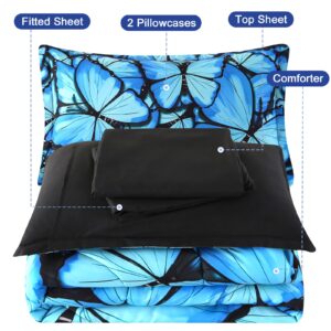 Wowelife Butterfly Bedding Set for Girls Full Size, Premium 5 Piece 3D Butterfly Bed Set Blue, Comfortable and Breathable for Kids