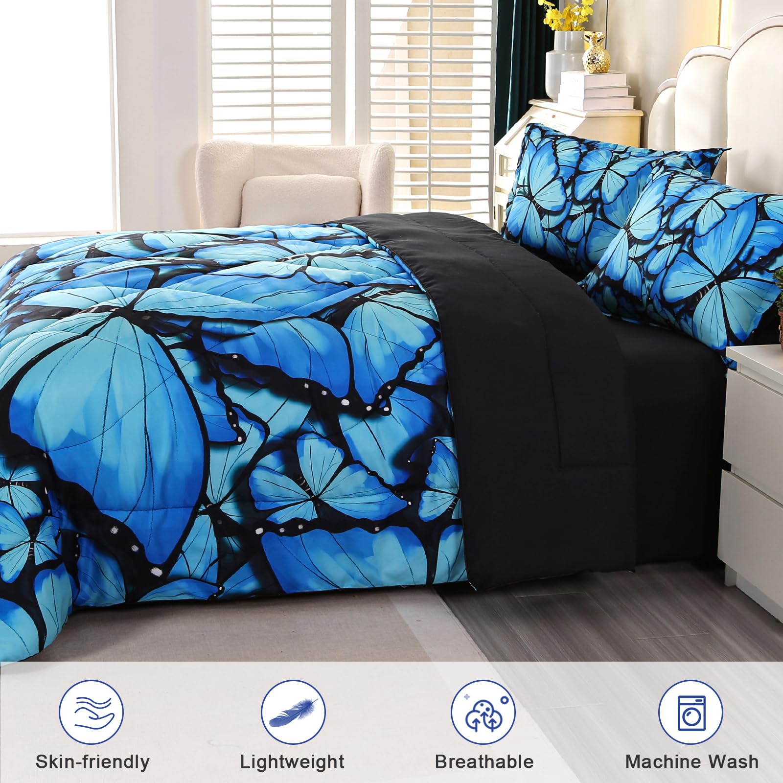 Wowelife Butterfly Bedding Set for Girls Full Size, Premium 5 Piece 3D Butterfly Bed Set Blue, Comfortable and Breathable for Kids