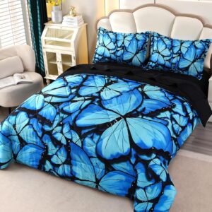 Wowelife Butterfly Bedding Set for Girls Full Size, Premium 5 Piece 3D Butterfly Bed Set Blue, Comfortable and Breathable for Kids