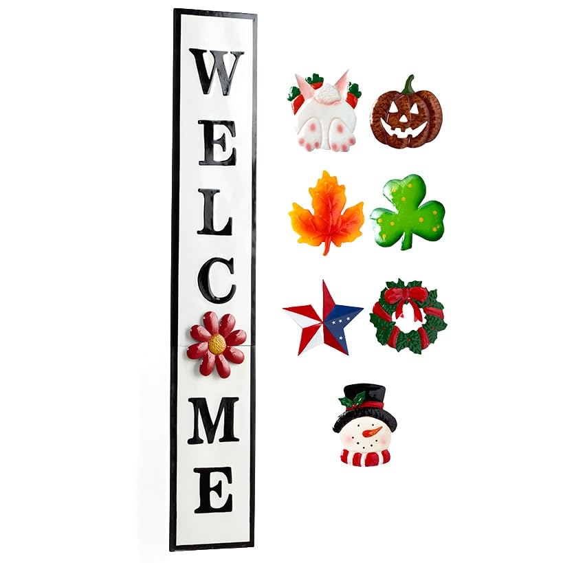 Interchangeable Wall Leaning Welcome Sign with 8 Magnetic Season Icons