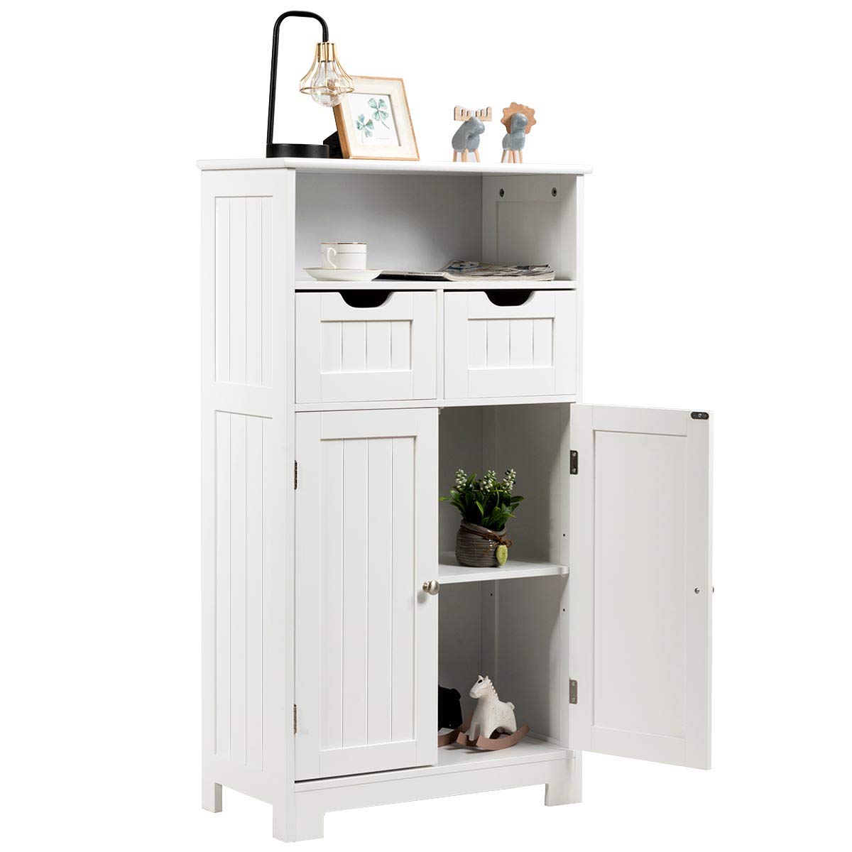 Tangkula Bathroom Floor Cabinet, Storage Cabinet w/Open Shelf, 2 Doors & 2 Adjustable Drawers, Standing Cupboard for Kitchen, Bathroom Cabinet for Living Room Home Office (White)