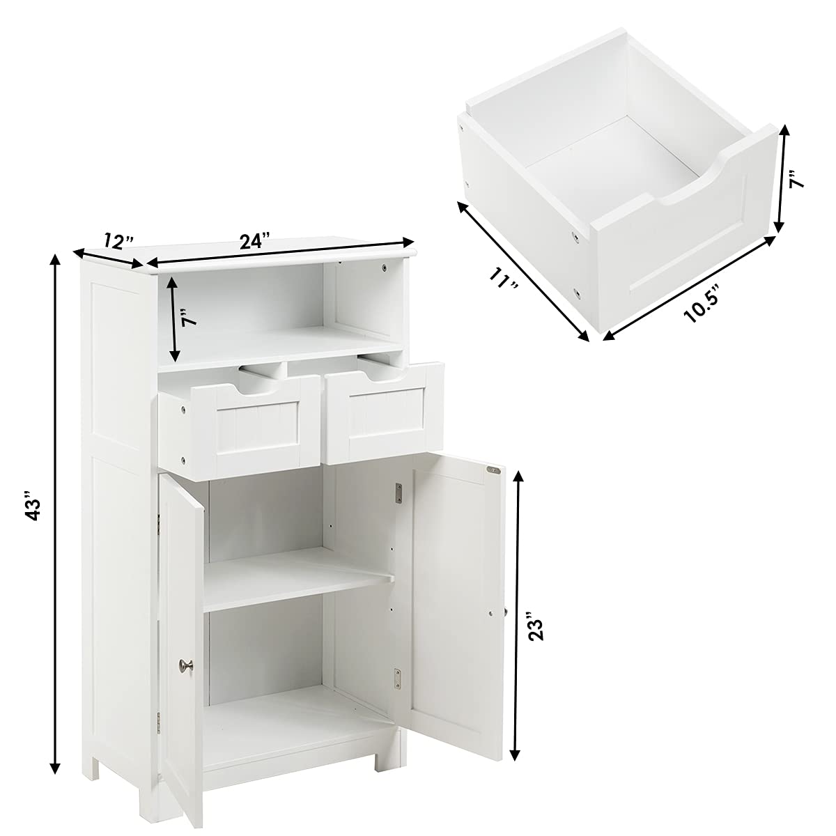 Tangkula Bathroom Floor Cabinet, Storage Cabinet w/Open Shelf, 2 Doors & 2 Adjustable Drawers, Standing Cupboard for Kitchen, Bathroom Cabinet for Living Room Home Office (White)