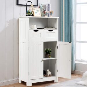 Tangkula Bathroom Floor Cabinet, Storage Cabinet w/Open Shelf, 2 Doors & 2 Adjustable Drawers, Standing Cupboard for Kitchen, Bathroom Cabinet for Living Room Home Office (White)