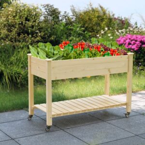 LYNSLIM Wooden Raised Garden Bed with Wheels & Shelf Elevated Planter Box for Flower Vegetable Grow, Natural Cedar Wood Frame Gardening Planting Bed,Easy Assembly