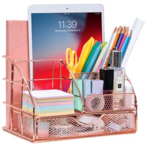 arcobis rose gold desk organizer with drawer for women, office desktop pen holder caddy with 5 compartments + 1 large drawer | the mesh collection