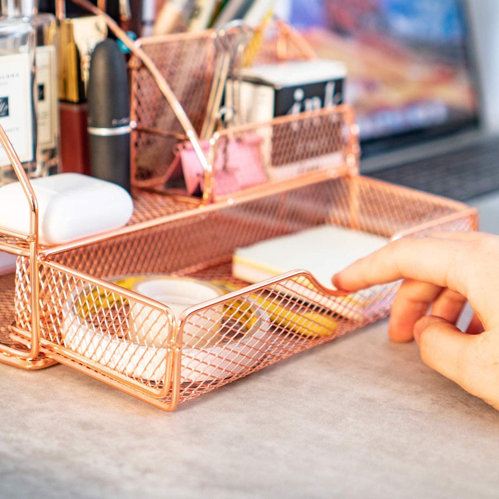 ARCOBIS Rose Gold Desk Organizer with Drawer for Women, Office Desktop Pen Holder Caddy with 5 Compartments + 1 Large Drawer | The Mesh Collection