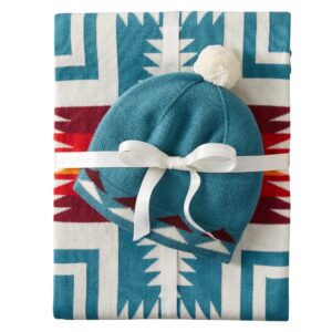 pendleton organic cotton knit baby blanket w/ beanie, harding teal