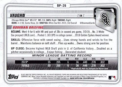 2020 Bowman Prospects #BP-26 Andrew Vaughn Chicago White Sox RC Rookie MLB Baseball Trading Card