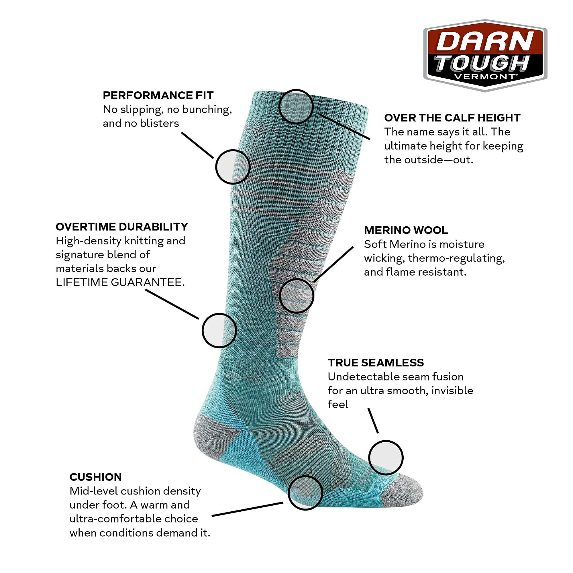 Darn Tough Vermont Edge OTC Midweight with Cushion w/Padded Shin Aqua MD (US 7.5-9.5)