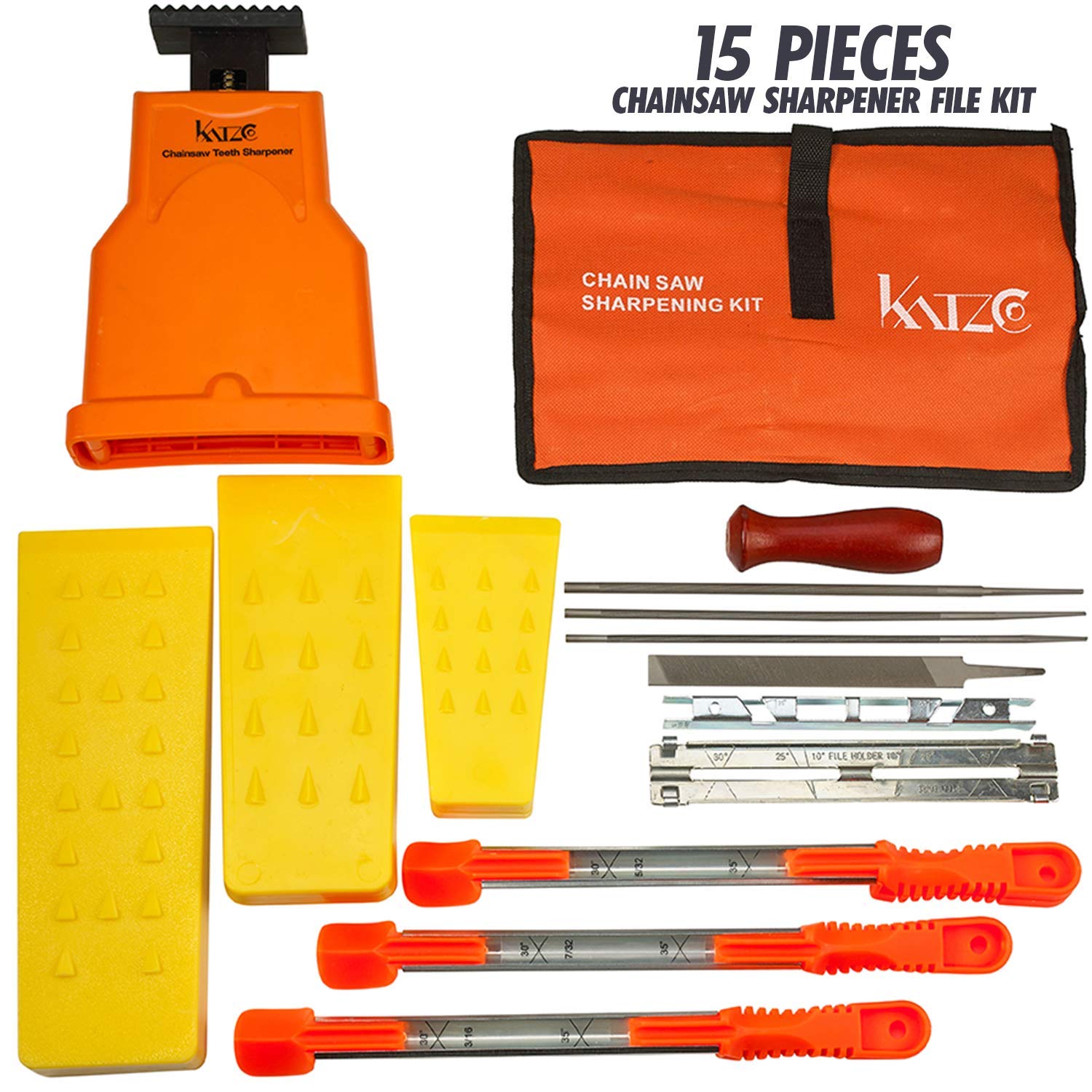 Katzco Deluxe Chainsaw Sharpener Kit with Storage Bag - 20 Pieces - Sharpening Set for Wood, Bone, PVC, Tree Pruning, Camping, Hunting, Toolbox, Bushcraft, Landscaping, Yard Work, and Survival Gear