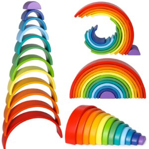 lewo 12 pcs wooden rainbow stacker extra large stacking game nesting puzzle building blocks educational toys for kids baby toddlers