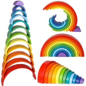 Lewo 12 PCS Wooden Rainbow Stacker Extra Large Stacking Game Nesting Puzzle Building Blocks Educational Toys for Kids Baby Toddlers