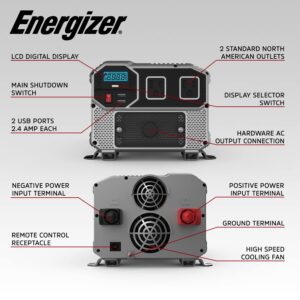 Energizer 3000 Watts Power Inverter Modified Sine Wave Car Inverter, 12V to 110 Volts, Two AC Outlets, Two USB Ports (2.4 Amp) Hardwire Kit, Battery Cables Included – ETL Approved Under UL STD 458