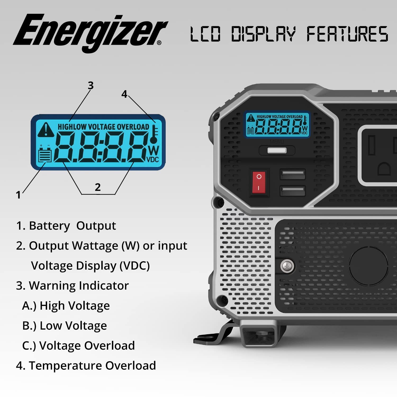 Energizer 3000 Watts Power Inverter Modified Sine Wave Car Inverter, 12V to 110 Volts, Two AC Outlets, Two USB Ports (2.4 Amp) Hardwire Kit, Battery Cables Included – ETL Approved Under UL STD 458