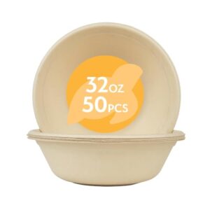 earth's natural alternative 100% compostable paper bowls [32oz 50 pack] soup bowls, pasta, cereal, salad, ice cream, disposable bamboo large bowls, biodegradable, unbleached