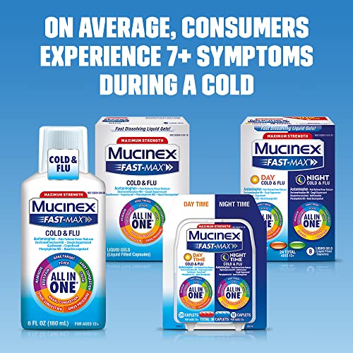 Mucinex Fast-Max Maximum Strength Cold & Flu All in One, Multi-Symptom Relief, Pain Reliever, Fever Reducer, Cough Suppressant, Expectorant, Nasal Decongestant, 16 Liquid Gels (Pack of 2)