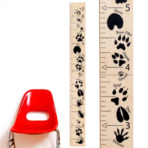 headwaters studio kids wooden wall growth chart, boys and girls - height chart & height measurement ruler for wall - kids nursery wall decor and room hanging wall decor - natural w/animal tracks