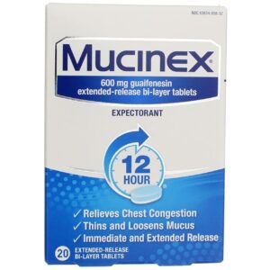 chest congestion, mucinex expectorant 12 hour extended release tablets, 20ct, 600 mg guaifenesin with extended relief of chest congestion caused by excess mucus. thins and loosens mucus (pack of 3)