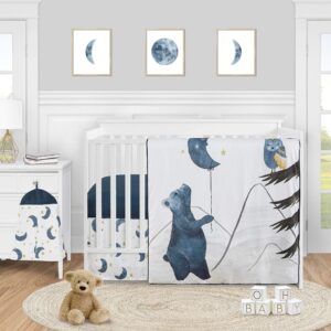 sweet jojo designs woodland bear and owl baby boy girl nursery crib bedding set - 4 pieces - navy blue, grey, gold and black celestial moon star watercolor forest