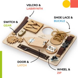 deMoca Montessori Busy Board for Toddlers, Wooden Toy with 10 Educational Activities to Develop Fine Motor Skills, Airplane & Car Travel Toy for Boys & Girls - Packaging May Vary