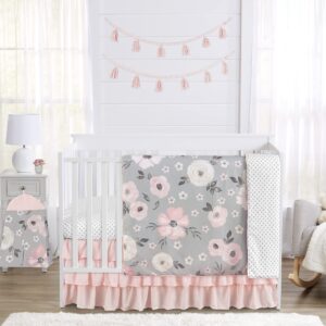 sweet jojo designs grey watercolor floral baby girl nursery crib bedding set - 4 pieces - blush pink gray and white shabby chic rose flower polka dot farmhouse