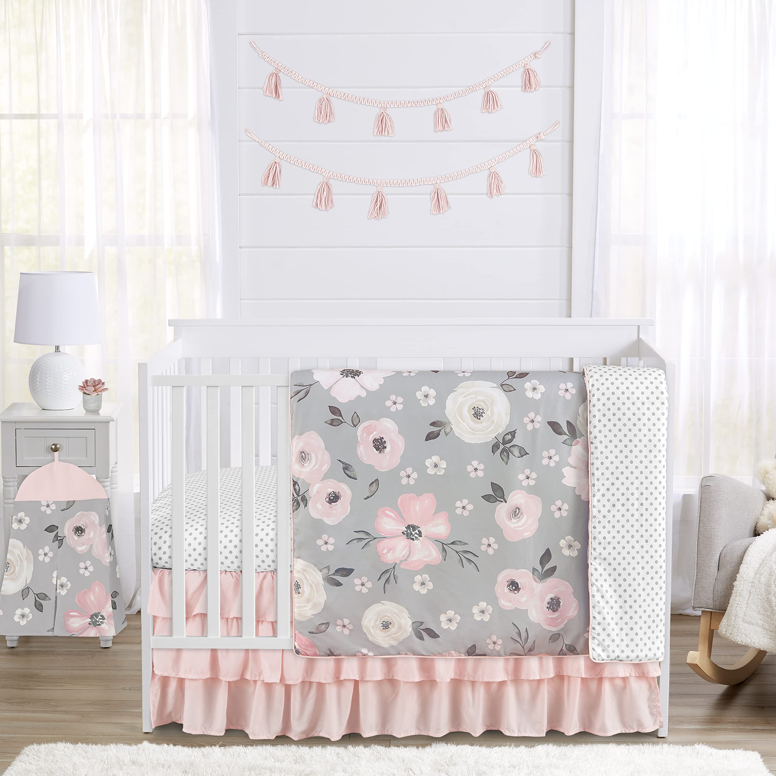 Sweet Jojo Designs Grey Watercolor Floral Baby Girl Nursery Crib Bedding Set - 4 Pieces - Blush Pink Gray and White Shabby Chic Rose Flower Polka Dot Farmhouse