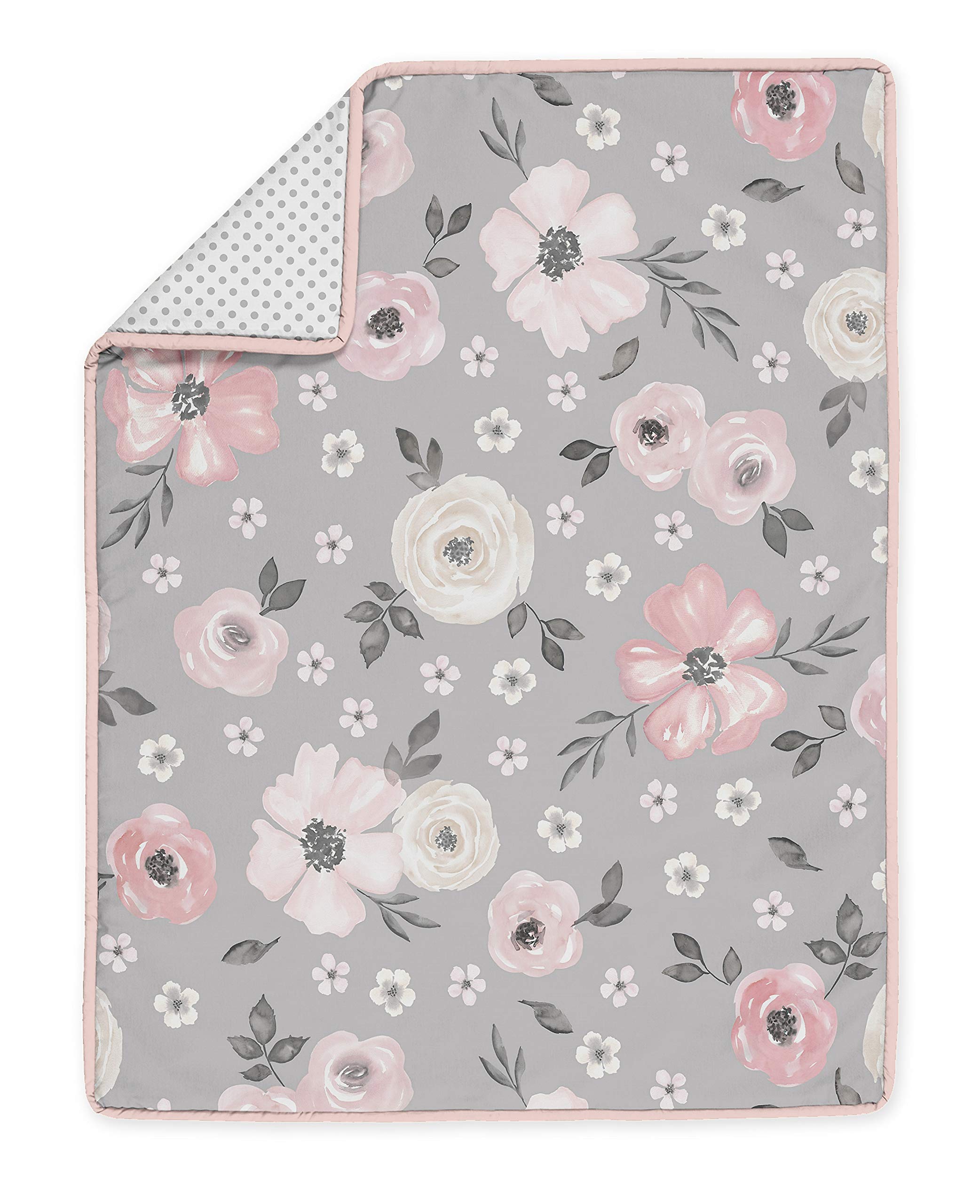 Sweet Jojo Designs Grey Watercolor Floral Baby Girl Nursery Crib Bedding Set - 4 Pieces - Blush Pink Gray and White Shabby Chic Rose Flower Polka Dot Farmhouse