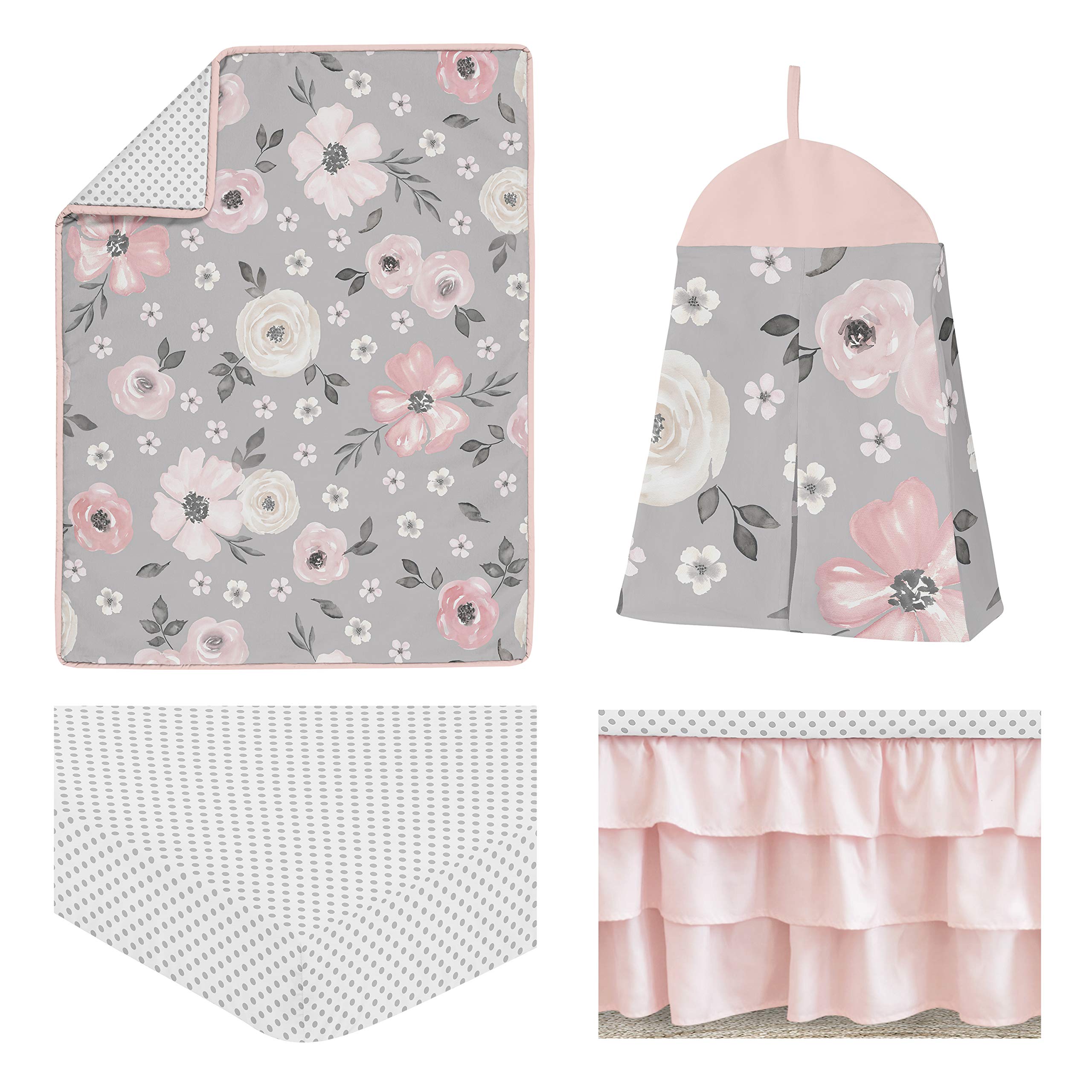 Sweet Jojo Designs Grey Watercolor Floral Baby Girl Nursery Crib Bedding Set - 4 Pieces - Blush Pink Gray and White Shabby Chic Rose Flower Polka Dot Farmhouse