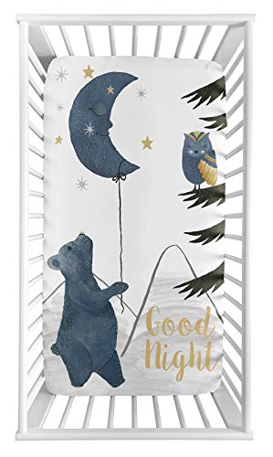 Sweet Jojo Designs Woodland Bear and Owl Boy or Girl Fitted Crib Sheet Baby or Toddler Bed Nursery Photo Op - Navy Blue, Grey, Gold and Black Celestial Moon Star Watercolor Forest