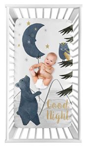 sweet jojo designs woodland bear and owl boy or girl fitted crib sheet baby or toddler bed nursery photo op - navy blue, grey, gold and black celestial moon star watercolor forest