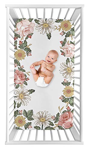 Sweet Jojo Designs Vintage Floral Boho Girl Fitted Crib Sheet Baby or Toddler Bed Nursery Photo Op - Blush Pink, Yellow and Green Shabby Chic Rose Flower Farmhouse