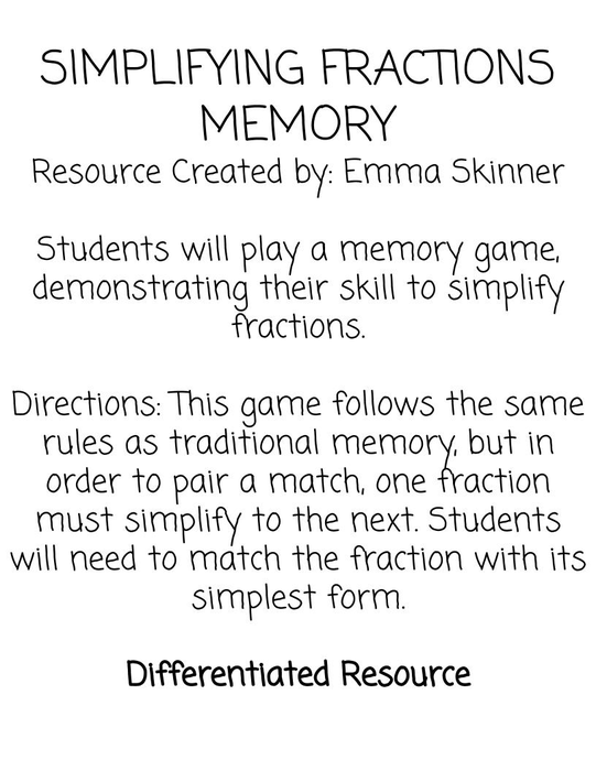 Simplifying Fractions Memory