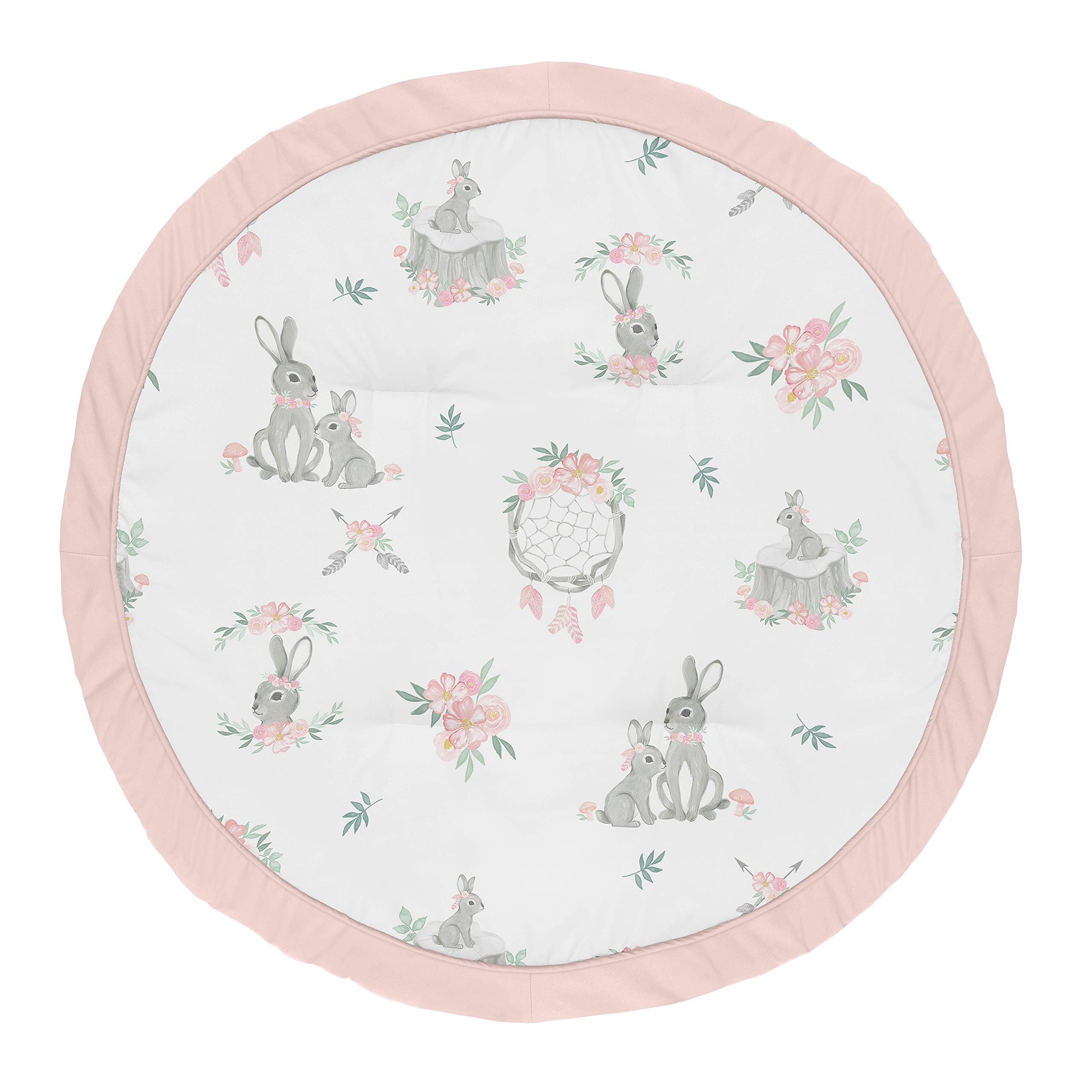 Sweet Jojo Designs Woodland Bunny Floral Girl Baby Playmat Tummy Time Infant Play Mat - Blush Pink and Grey Boho Watercolor Rose Flower Dream Catcher