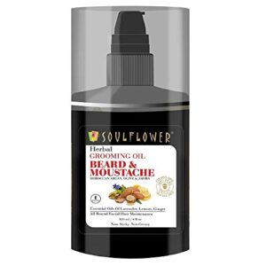 soulflower beard & moustache oil for skin nourishment & hydration enriched with essential oils of geranium, lavender & lemon - 100% pure, vegan, organic, natural - 120ml / 4 fl oz