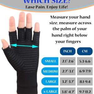 2 Pairs Copper Arthritis Gloves - Compression Gloves for Arthritis Pain Relief Rheumatoid Osteoarthritis Carpal Tunnel, Fingerless Copper Gloves for Typing, Daily Work - for Women Men Black (Large)