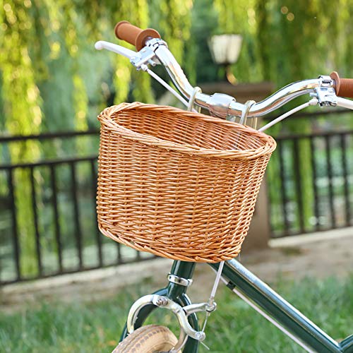 Moontie Bike Basket Front Basket Wicker Bicycle Basket, Sugar Honey Leather Belt Handmade Natural Rattan Bike Storage Basket