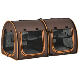 pawhut 39" portable soft-sided pet cat carrier with divider, two compartments, soft cushions, & storage bag, brown