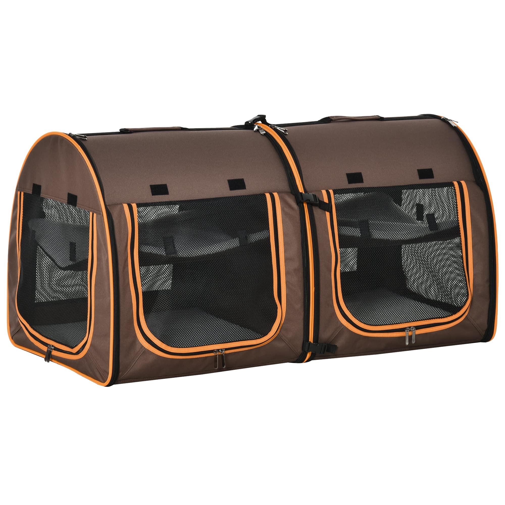 PawHut 39" Portable Soft-Sided Pet Cat Carrier with Divider, Two Compartments, Soft Cushions, & Storage Bag, Brown