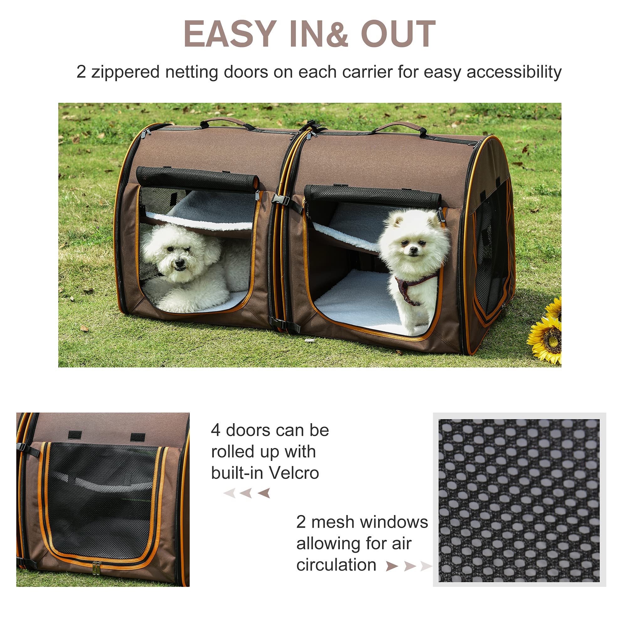 PawHut 39" Portable Soft-Sided Pet Cat Carrier with Divider, Two Compartments, Soft Cushions, & Storage Bag, Brown