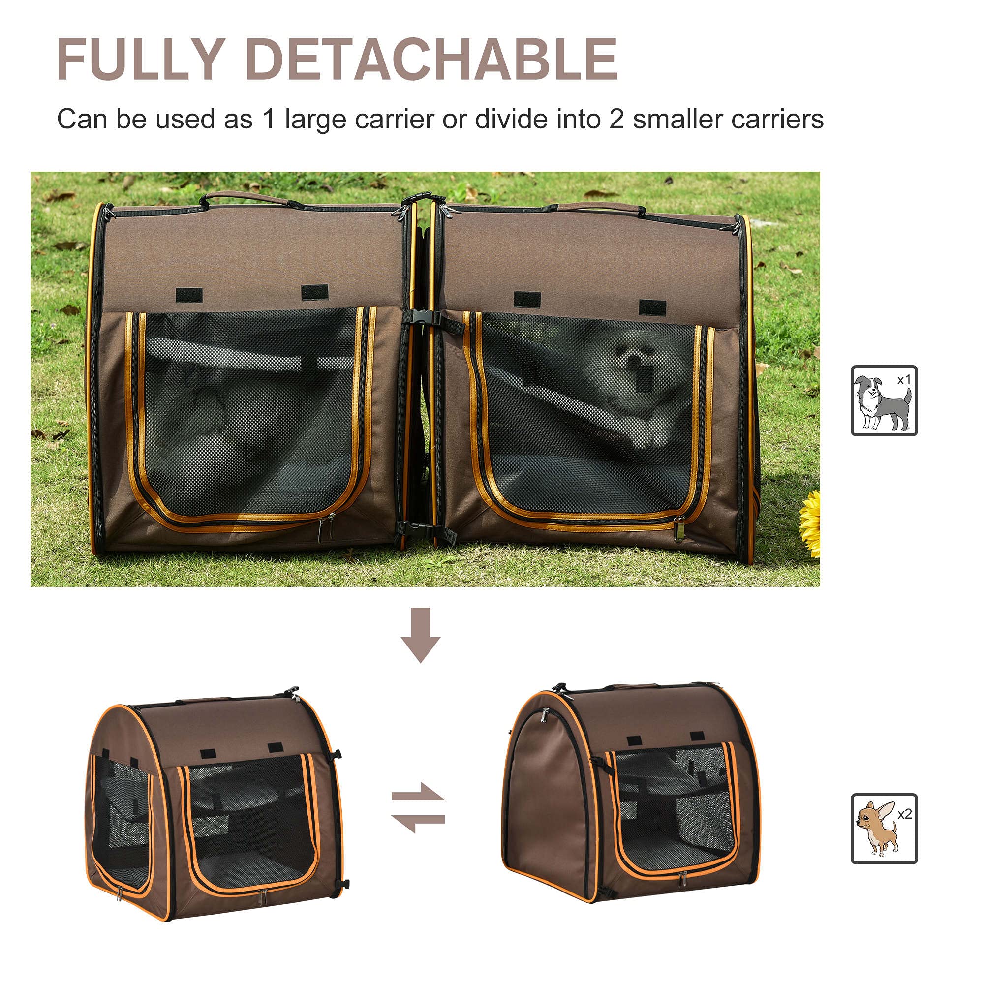 PawHut 39" Portable Soft-Sided Pet Cat Carrier with Divider, Two Compartments, Soft Cushions, & Storage Bag, Brown