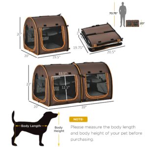 PawHut 39" Portable Soft-Sided Pet Cat Carrier with Divider, Two Compartments, Soft Cushions, & Storage Bag, Brown