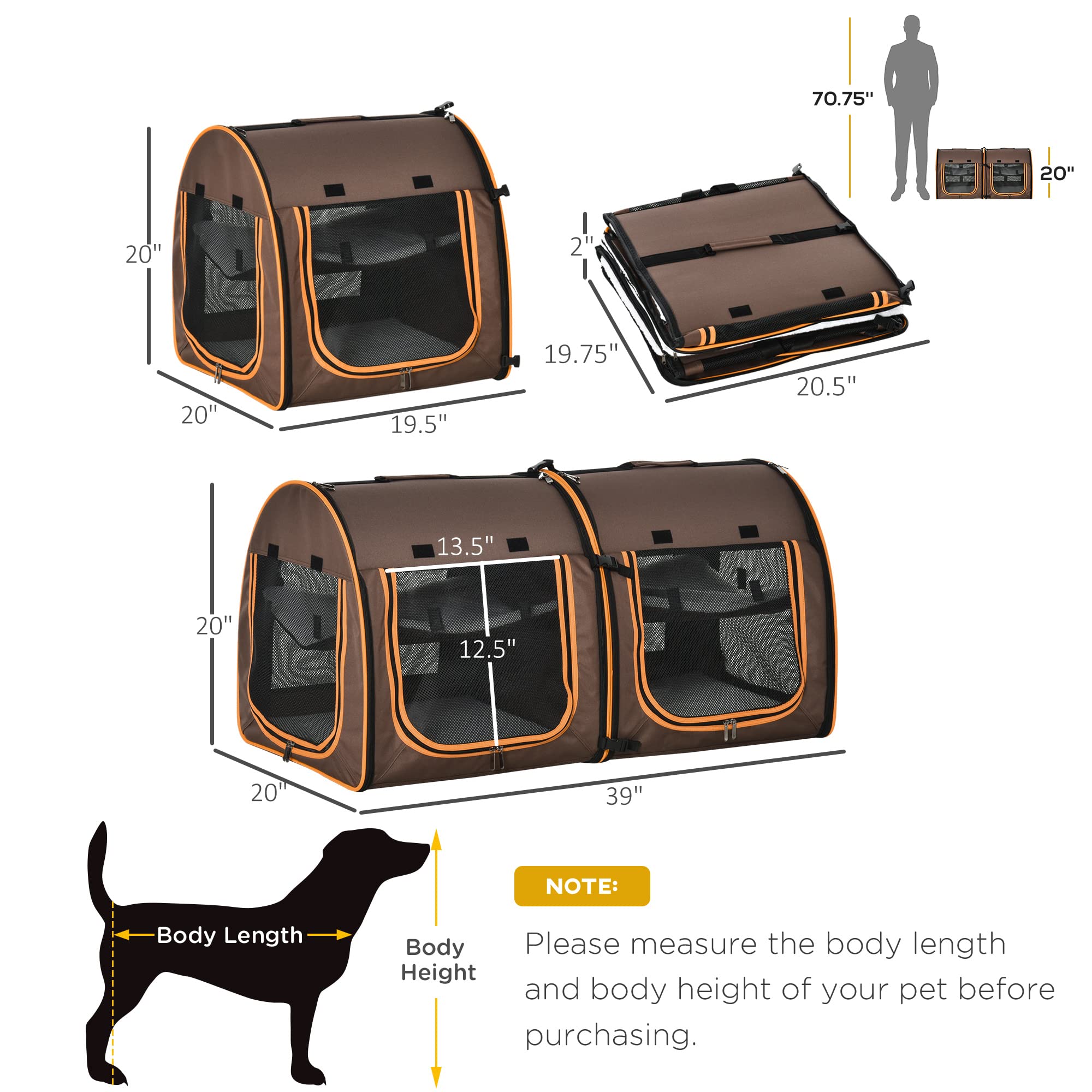 PawHut 39" Portable Soft-Sided Pet Cat Carrier with Divider, Two Compartments, Soft Cushions, & Storage Bag, Brown