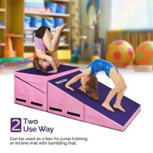 Matladin 32.7"x 23.6"x13.4" Incline Gymnastics Mat, Folding Gymnastics Cheese Wedge Mat, Gym Fitness Tumbling Skill Shape Mat for Kids Girls Home Training Exercise (Purple+Pink, Small)